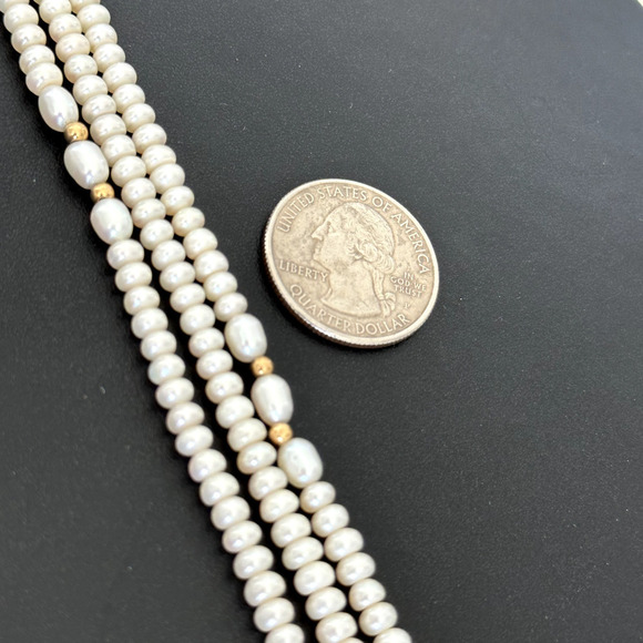 14K Yellow Gold Genuine Real Cream Pearl Triple Strand Bracelet - Picture 10 of 12